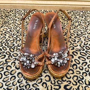 Prada crystal embellished straw wedges
